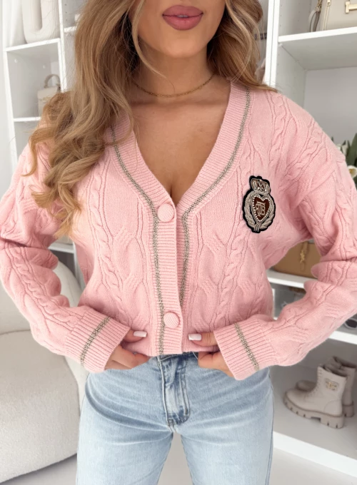 Rozpinany sweter z eleganckim naszytym emblematem Lord pudrowy 1