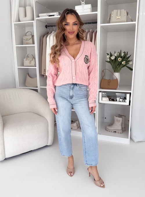 Rozpinany sweter z eleganckim naszytym emblematem Lord pudrowy 2