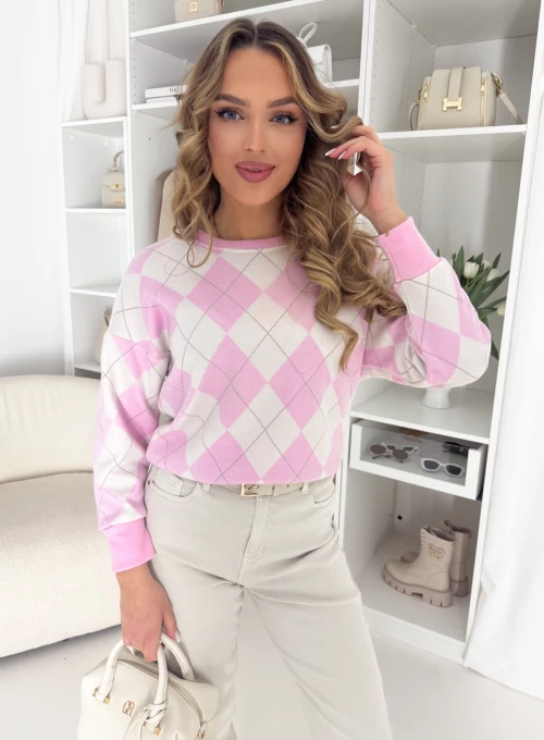 Sweter Argyle w modne romby pudrowo-beżowy 2