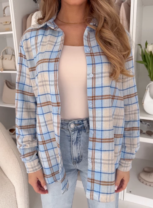 Bawełniana koszula flanelowa błękina w brązową kratkę Hani 1