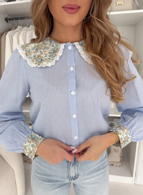 Bawełniana koszula z kołnierzykiem w kwiatki błękitna Alice 1