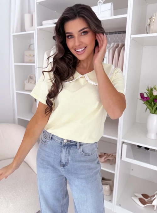 Bawełniana bluzka z kołnierzykiem z koronkowym wykończeniem Blanca by Bocca cytrynowa