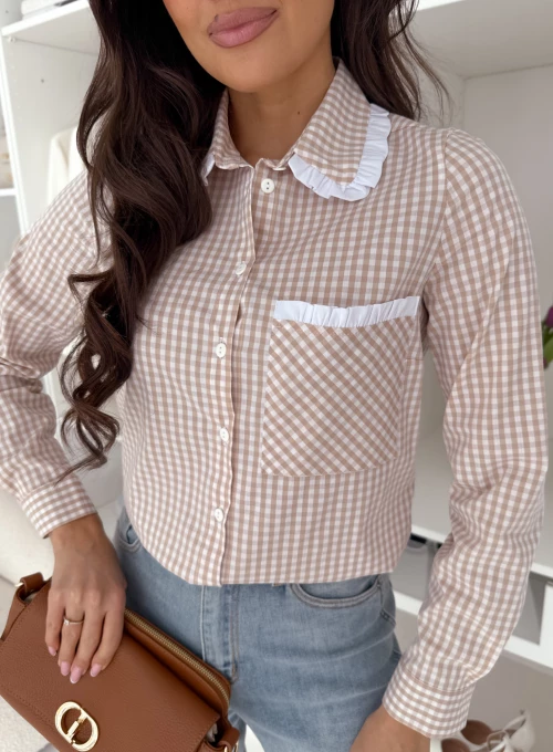 Koszula Lamar ze zdobionym kołnierzykiem w beżową kratę 1