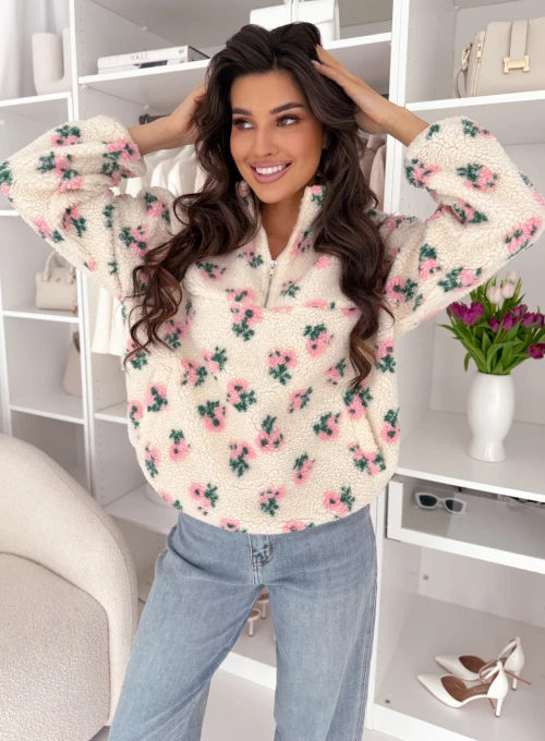 Bluza polarowa Teddy NEROLI w kwiaty z suwakiem pod szyją