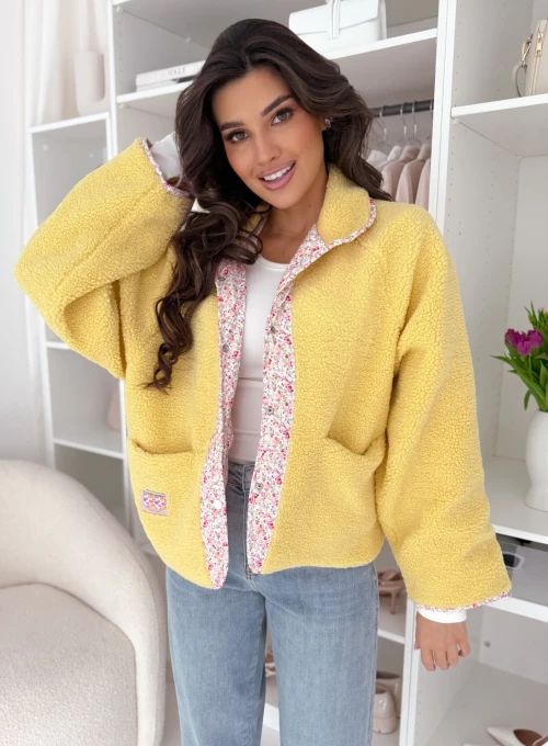 Polarowa dwustronna kurtka Sherpa z kwiatowym kołnierzykiem w kolorze butter yellow