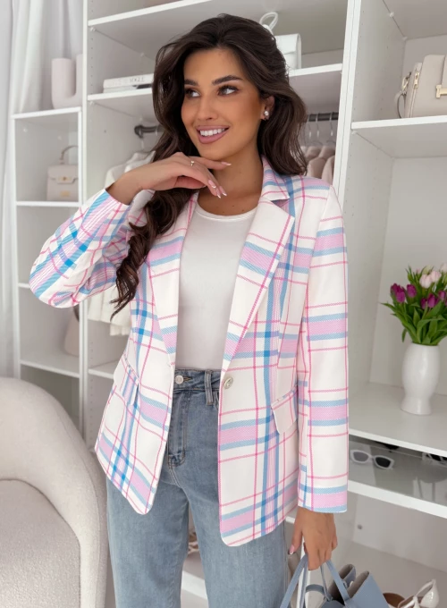 Marynarka śmietankowa w pudrowo-błękitną kratę Laila 4