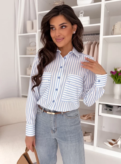 Koszula z kieszonkami Aline w śmietankowo-błękitne paski Edan