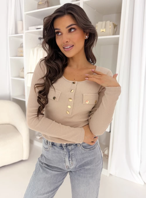 Bluzka bawełniana Lino z ozdobnymi złotymi napami beżowa