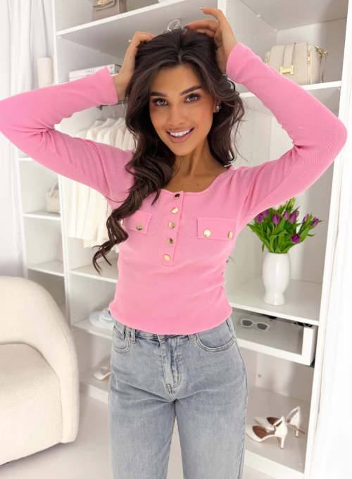 Bluzka bawełniana Lino z ozdobnymi złotymi napami cukierkowy róż