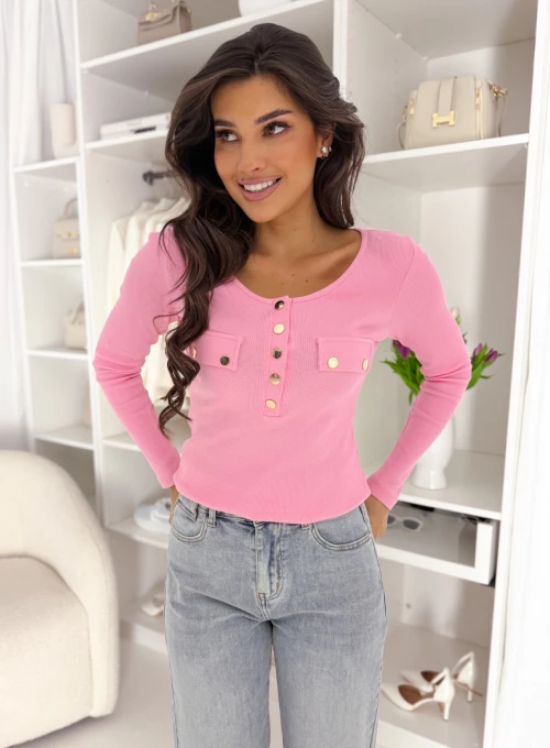 Bluzka bawełniana Lino z ozdobnymi złotymi napami cukierkowy róż 3