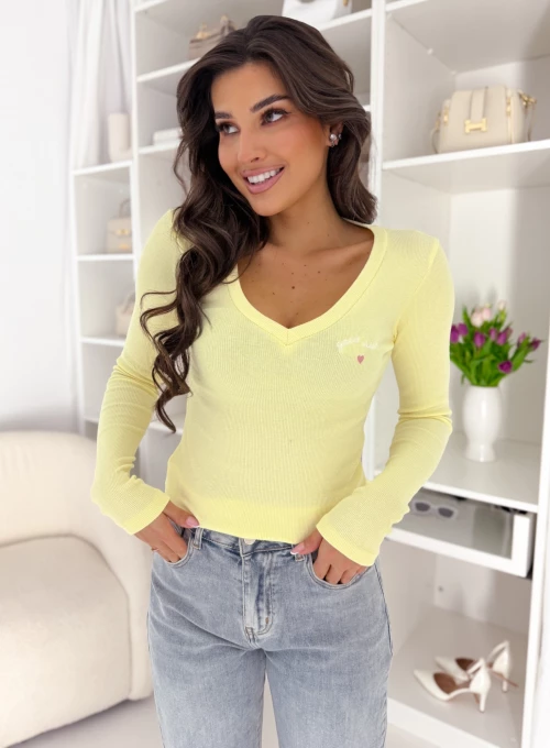Bluzka prążkowana z dekoltem typu V Good Vibes pastelowa cytrynka