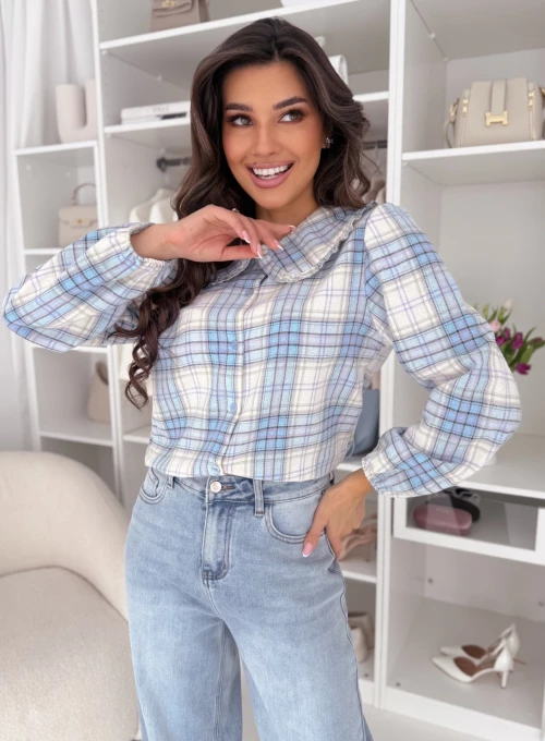 Bawełniana koszula z modnym kołnierzykiem w błękitną kratkę Tutsi