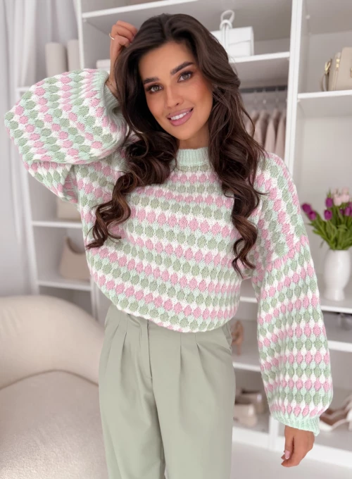 Sweter Bubble Knit w pastelowym odcieniu pistacji pudru i śmietanki Trevis