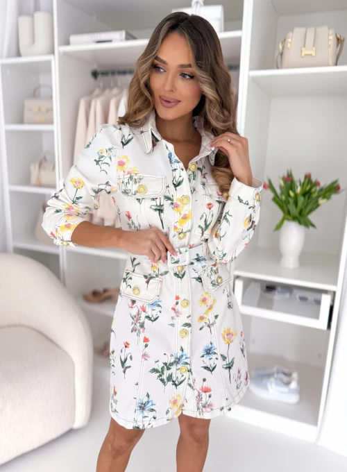 Jeansowa sukienka mini Wonder kokosowa w kolorowe kwiatki 3