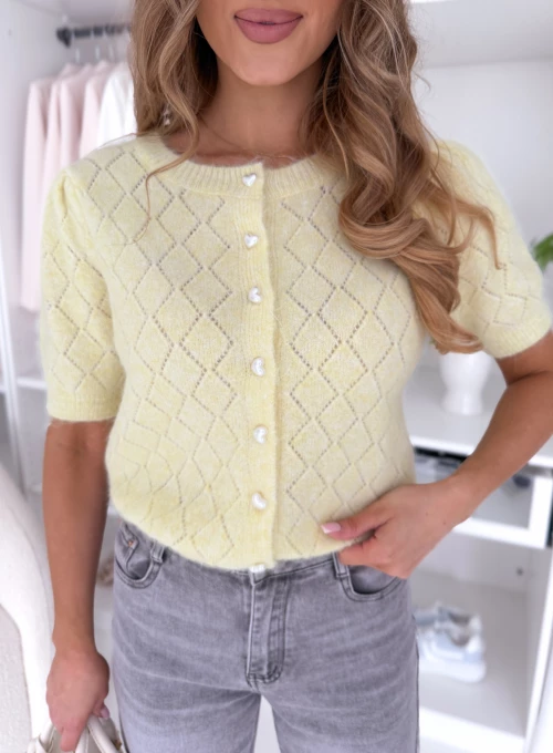 Rozpinany ażurkowy sweter Dubaj z ozdobnymi guziczkami bananowy 1