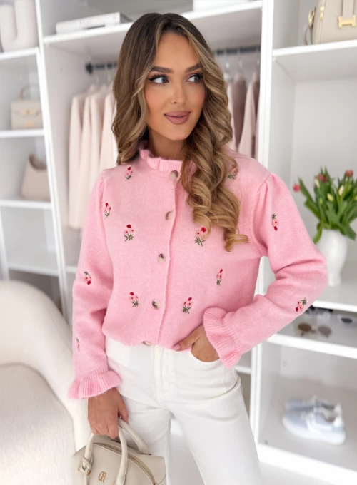 Sweter Azalia z falbanką i haftowanymi kwiatkami pudrowy