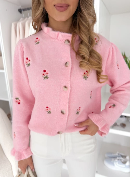 Sweter Azalia z falbanką i haftowanymi kwiatkami pudrowy 1