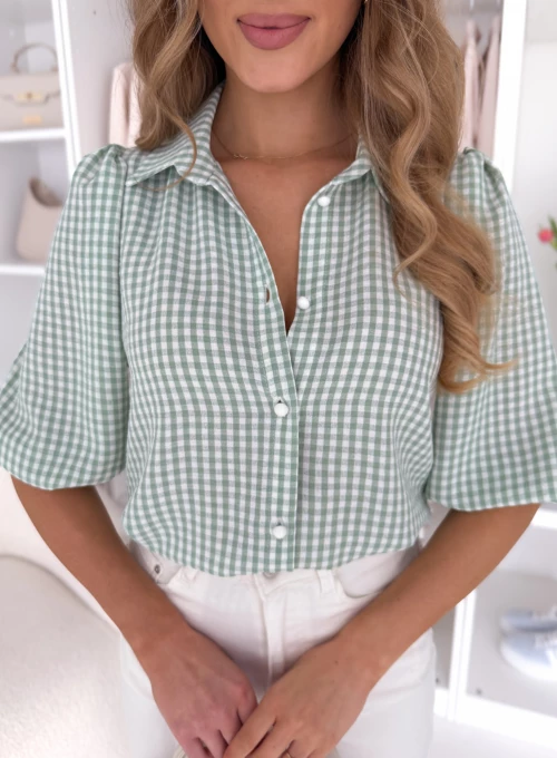 Bluzka koszulowa z bufiastymi rękawkami w pistacjową krateczkę Celine 1