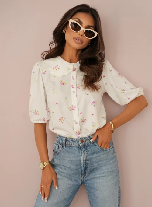 Koszula z kołnierzem retro i bufkami Alice śmietankowa w różowo-żółte kwiatki