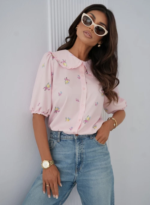 Koszula z kołnierzem retro i bufkami Alice pudrowa w kwiatki