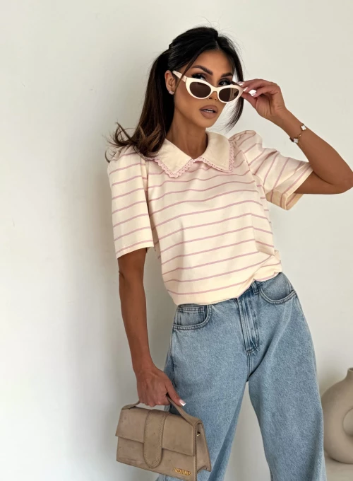 Bluzka bawełniana Porto z obszytym koronką kołnierzykiem bananowa w pudrowe paski