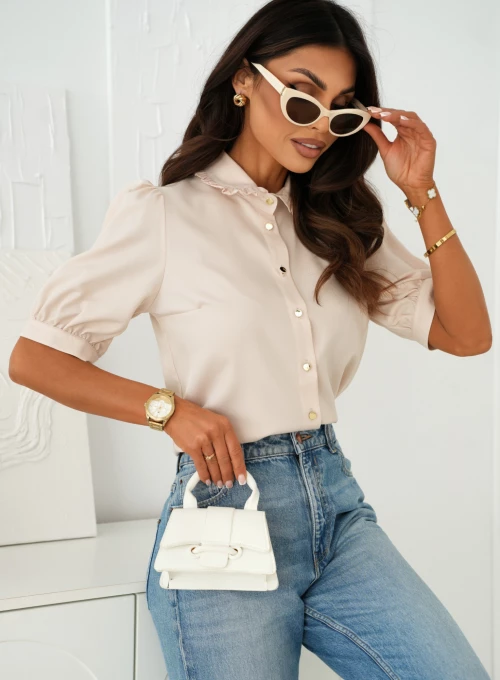 Koszula Carla beżowa ze złotymi guziczkami, kołnierzem retro i bufkami 3