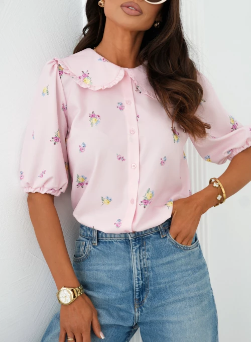 Koszula z kołnierzem retro i bufkami Alice pudrowa w kwiatki 1