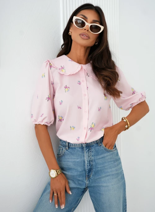 Koszula z kołnierzem retro i bufkami Alice pudrowa w kwiatki 2