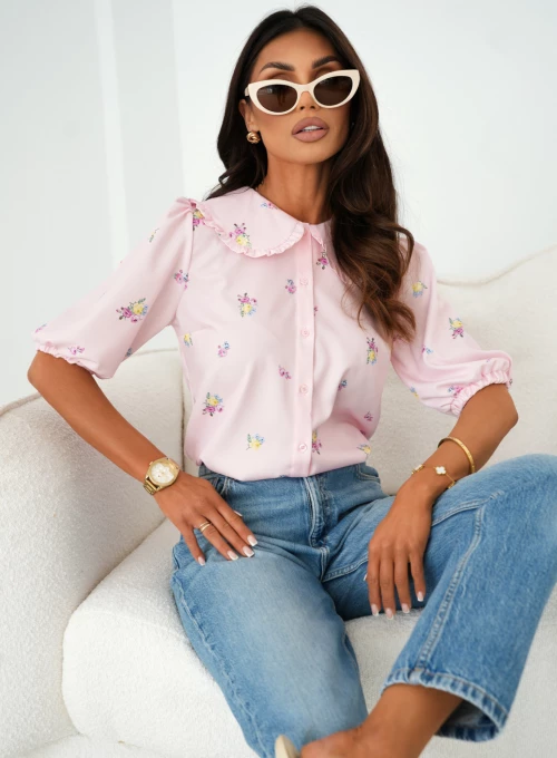 Koszula z kołnierzem retro i bufkami Alice pudrowa w kwiatki 3