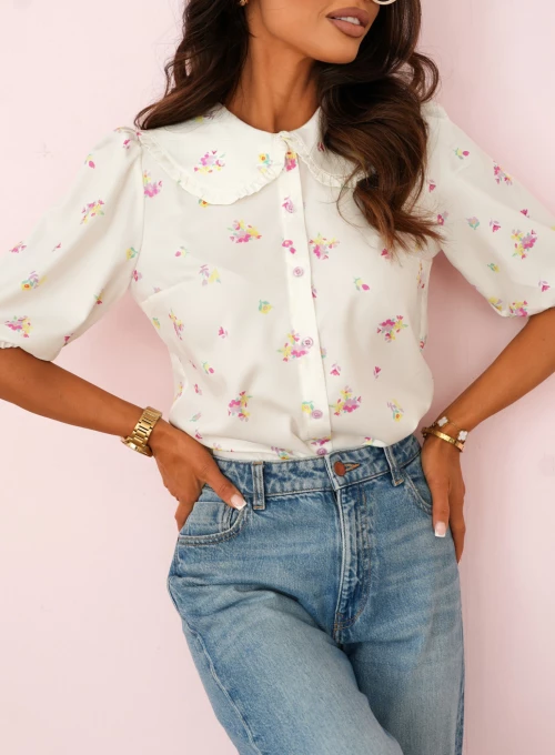 Koszula z kołnierzem retro i bufkami Alice śmietankowa w różowo-żółte kwiatki 1