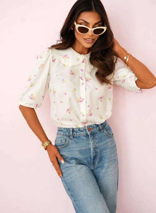 Koszula z kołnierzem retro i bufkami Alice śmietankowa w różowo-żółte kwiatki 3