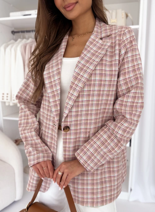 Marynarka jednorzędowa w bordowo-pudrową kratkę w stylu vintage Cordy 1