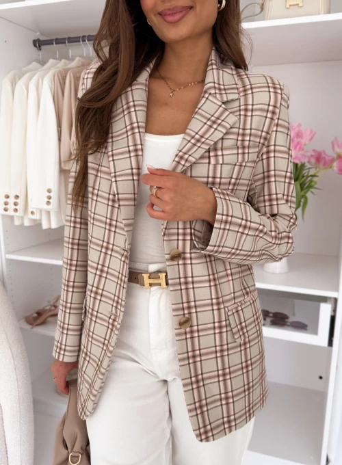 Marynarka na dwa guziczki beżowa w pudrową kratkę Vintage 1