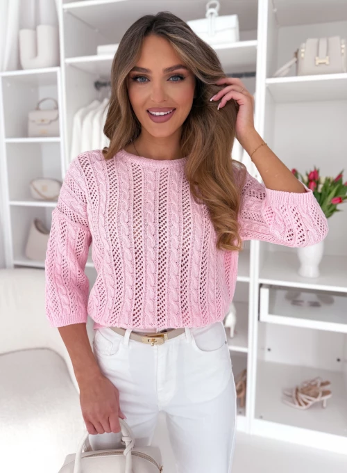Sweterek w ażurowe wzorki soft pink Finezza