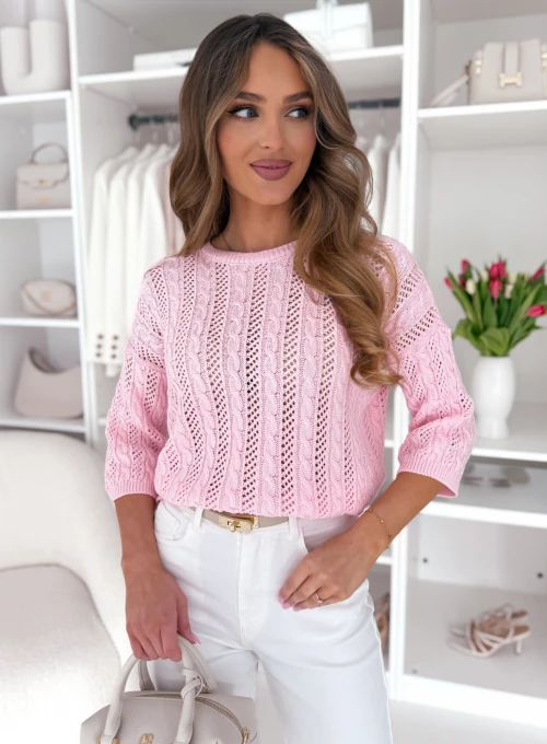 Sweterek w ażurowe wzorki soft pink Finezza 3