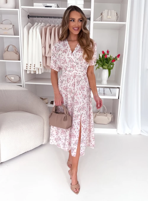 Sukienka midi z dekoltem w serek w kwiatuszki soft pink Eloise
