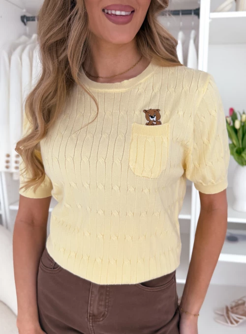 Bluzka swetrowa z kieszonką i wyszytym misiem butter yellow Huggy 1