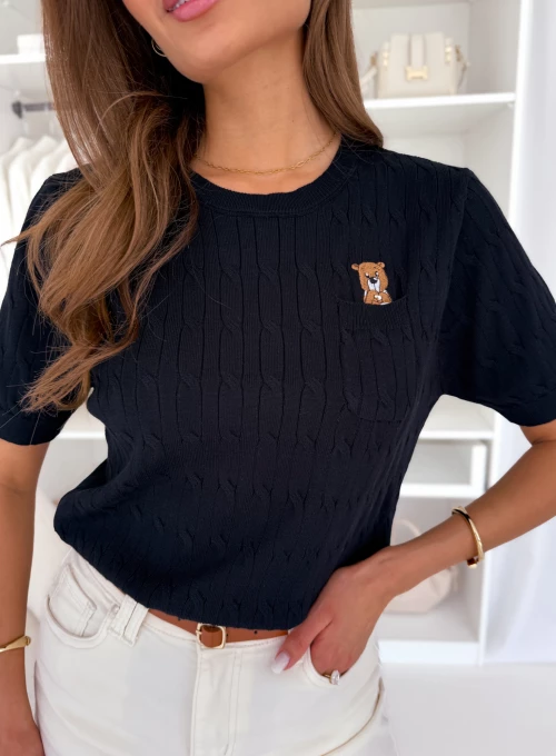 Bluzka swetrowa z kieszonką i wyszytym misiem black Huggy 1