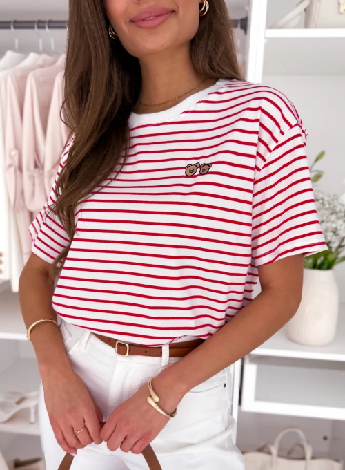 T-shirt śmietankowy w czerwone prążki z uroczymi misiami Harriet 1