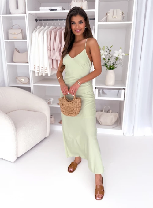Sukienka satynowa na ramiączkach pistacjowa maxi Vexa