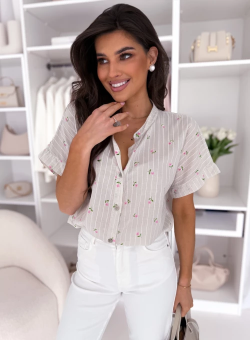 Bluzka koszulowa w prążki i w kwiatki beżowa Fiori