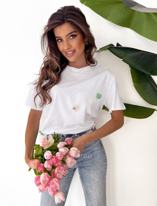 T-shirt w kwiaty śmietankowy