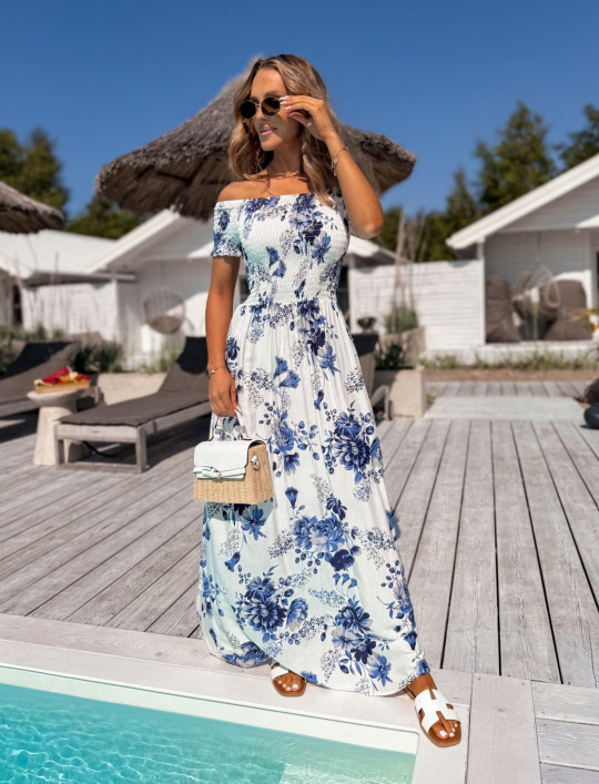 Sukienka hiszpanka bawełniana biała w błękitno szare kwiaty Summer story ll