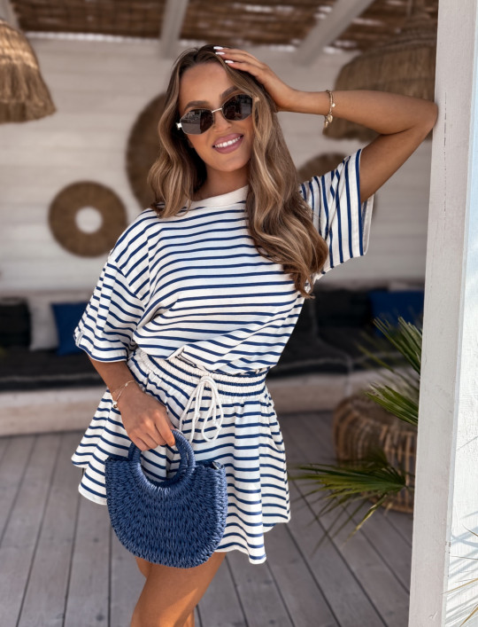 Komplet bawełniany bluzka z szortami Lenoshka navy & white regular strips
