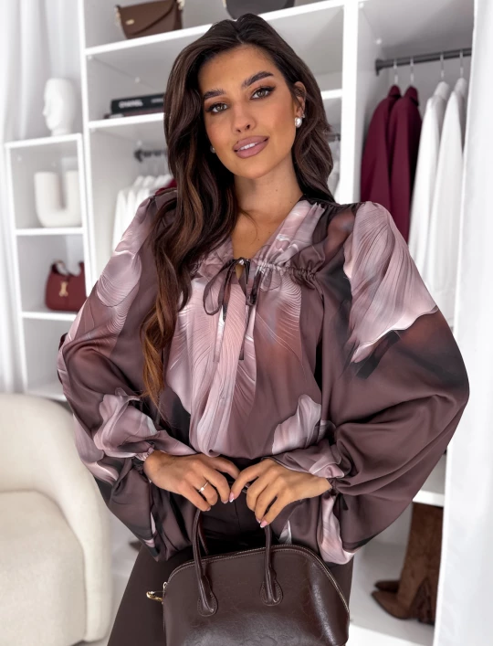 Bluzka z wiązaniem w czekoladowo-beżowe kwiaty Nika