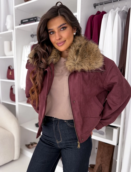 Kurtka zamszowa z kożuszkiem bordowa Foxy