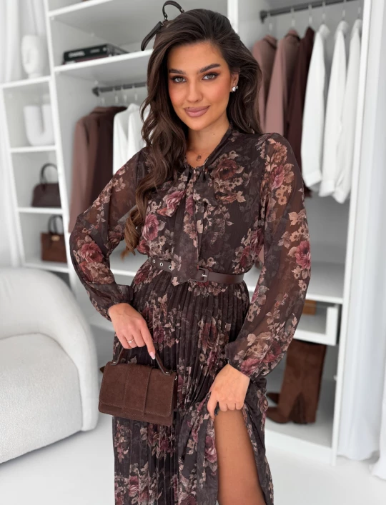 Sukienka plisowana z wiązanym dekoltem choco Flowers