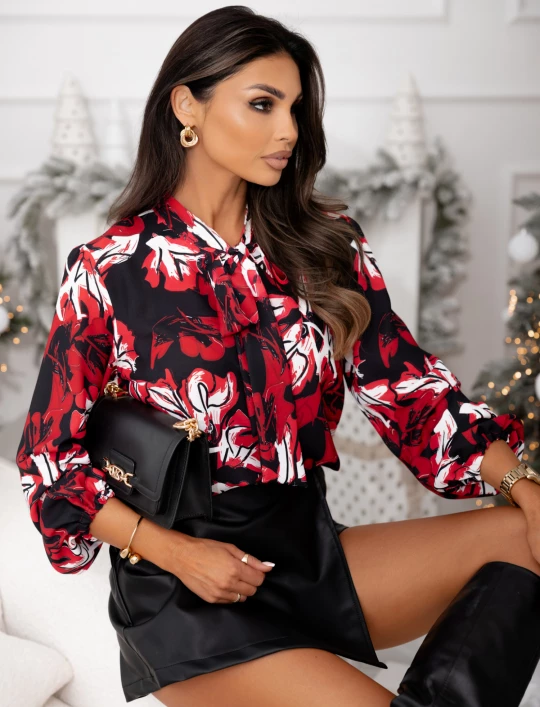 Bluzka z krawatem Parker czarna red flowers