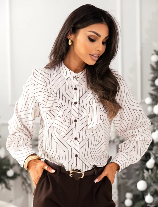 Bluzka zapinana na guziki z żabotem Ariana beżowa wavy line