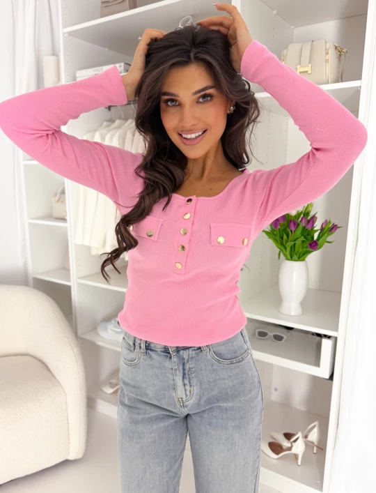 Bluzka bawełniana Lino z ozdobnymi złotymi napami cukierkowy róż